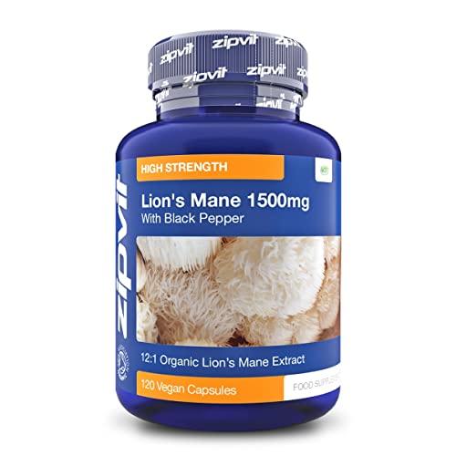 Organic Lions Mane Capsules 1500mg - 120 Vegan Lions Mane Supplement Capsules. Lions Mane Mushroom with Organic Black Pepper for Focus