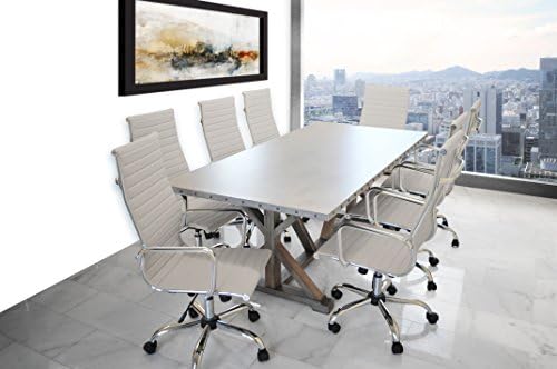 Solis Patio Armis Solid Wood Galvanized Iron Top Table with Nailhead Trim and Taupe Ribbed High Back Bonded Leather Office Chairs 9-piece Conference Set (651536322533)