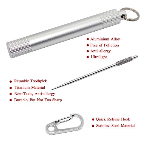 PPFISH Pocket Toothpick Holder keychain - Waterproof Aluminium Alloy Toothpick Box Container & Titanium Toothpick Ultralight Travel Kits (Sliver Aluminum + TI) - Thumbnail 2