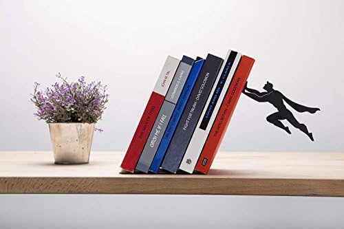 Metal Bookend Black 1 Piece - Black Designer Book End Fun Gift -"Book &amp; Hero"