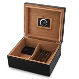 Megacra Cigar Humidor Leather Surface for 25-50 Cigars Desktop Cedar Lined Box with Hygrometer and Humidifier