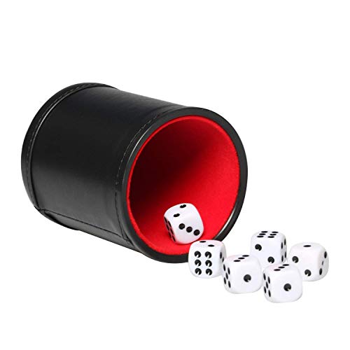 Leatherette Dice Cup Set Red Felt Lined Shaker with 6 Dot Dices for Yahtzee Farkle Bar Party Dice Games-5 Pack