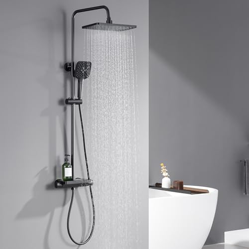 Auralum Thermostatic Shower Column with Glass Shelf, Thermostatic Mixer Tap and Shower Canopy Wide 12", 3 Water-Saving Jets - Complete Kit