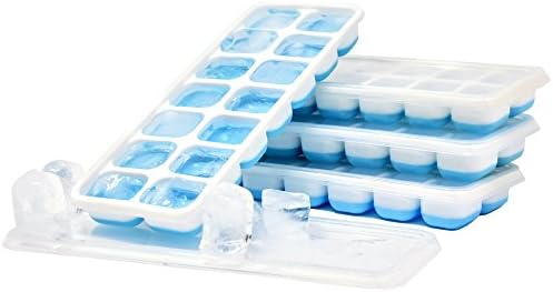 Ice Cube Trays with Lids BPA Free Silicone and Plastic Construction 4Pk Also Great For Baby Food Freezer Storage 14 cubes per tray 56 Cubes Total (4, Blue)