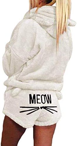 OranDesigne Women's Pajamas Warm Winter Set 2 Pieces Cute Cat Hoodie Sweatshirt + Shorts Sleepwear Set