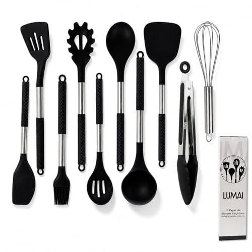 LUMAI Kit Utensílios de Cozinha Inox e Silicone 10 Peças com Suporte - Preto