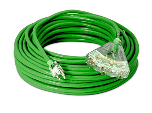 100-ft 14/3 Heavy Duty 3-Outlet Lighted SJTW Indoor/Outdoor Extension Cord by Watt's Wire - Long Green 100' 14-Gauge Grounded 13-Amp Three-Prong Power-Cord (100 foot 14-Awg)