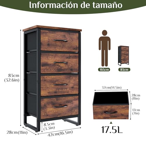 Cómoda Cajonera para Recámara con 4 Cajones de Tela, Parte Superior Impermeable, Estructura Metálica Resistente, Mueble Organizador de Almacenamiento para Dormitorio, Sala o Pasillo(Marrón Rústico)