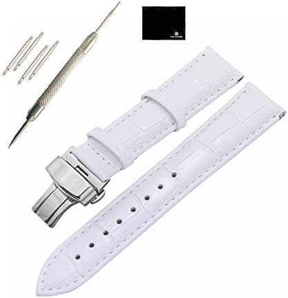 TON CHARME Genuine Leather Watchband Butterfly Deployment Push Clasp Buckle Stainless Steel Buckle (16mm, White)