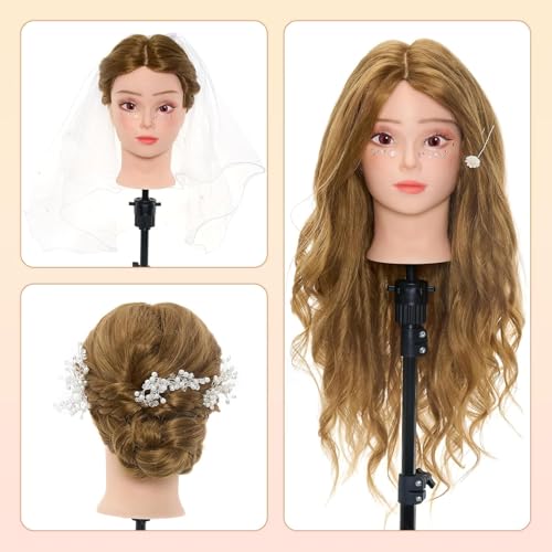 Neverland Hairdressing Head 24 Inches 50% Real Hair Styling Head Mannequin Mannequin Doll for Hairdressing with Stand + DIY Styling Accessories | Hairdressing Mannequin Head with Table Stand and Hair Braids Set