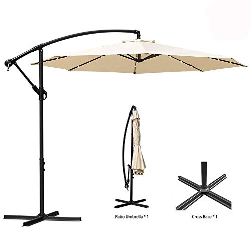 Ediors 10ft Deluxe Solar Power Outdoor Patio Umbrella - Offset Cantilever Sun Umbrella, Hanging Shade Umbrella w/32 LED Lights | Crank Lift System | Cross Base (10ft with 32 LED, White)