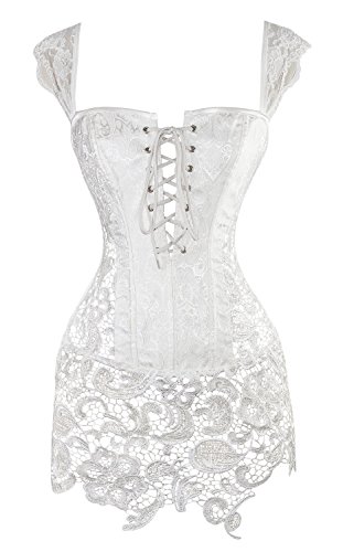 KIWI RATA Women's Punk Rock Faux Leather Buckle-up Corset Bustier Basque with G-String (2XL, White(Polyester))