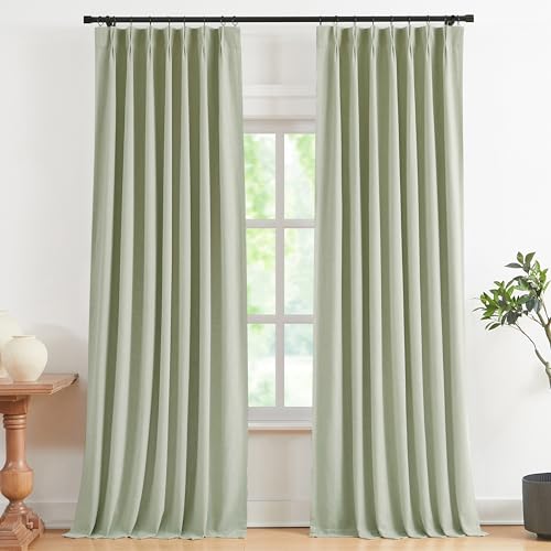 Vision Home Green Pleated Curtains Linen Blend Room Darkening Window Curtains for Living Room Bedroom Thermal Insulated with Hooks 2 Panels 40 W x 84 L