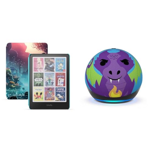 Amazon Kids Entertainment Device Bundle Including Kindle Colorsoft Kids (16GB, Fantasy River) + Echo Dot Kids (Dragon)