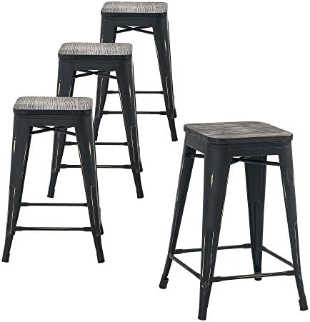 Buschman Set of Four Antique Black Wooden Seat 24 Inches Counter High Tolix-Style Metal Bar Stools, Indoor/Outdoor, Stackable