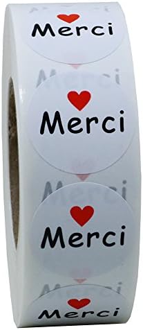 Hybsk 1 Inch Round French Thank You Merci Stickers White Adhesive Labels with Red Heart 1,000 Labels Per Roll
