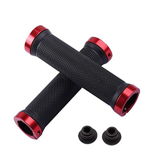 Photo 1 of Kework Red Bike Grips, Bicycle Mountain Bike Double Locking Handlebar Grips, Include 2 Handlebar Caps, Aluminum Alloy Lock Ring