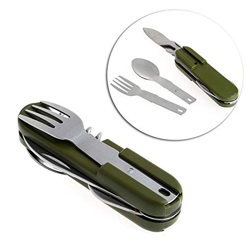 Camping Gear Utensil Fork & Spoon Set Stainless Steel 7 in 1 Compact Reusable Multi Tools Silverware Folding Amy Knife Set Spoon Fork Bottle Opener Stainless Steel Pocket Outdoor Camping Tableware