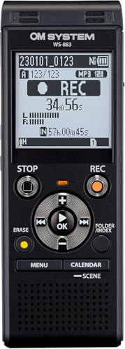 OM SYSTEM WS-883 Digital Voice Recorder 8GB Memory, Stereo Microphones, Direct USB, Intelligent Auto Mode, Noise Cancelling, Simple Mode, Low-Cut Filter, Expandable Storage