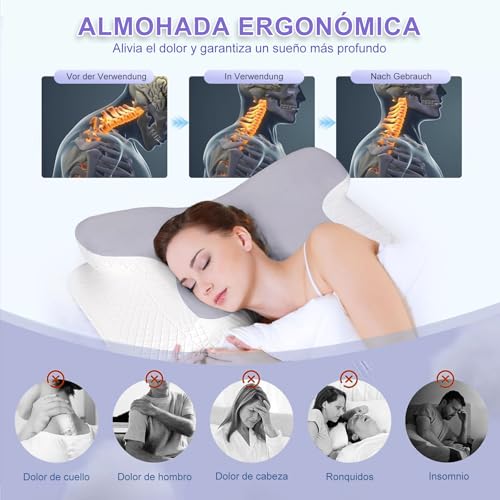 JeeLeeko Almohada Cervical de Espuma viscoelástica Almohada ortopédica ergonómica 2 en 1 Que Alivia el Dolor de Cuello y Brinda Soporte Contorneado para Personas Que Duermen de Lado