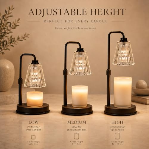 Funistree Height Adjustable Candle Warmer Lamp with Dimmer & Timer, Black Candle Melter Heater with 2 Bulbs, Home Decor, Birthday Gifts for Women, Compatible with Yankee Large Jars