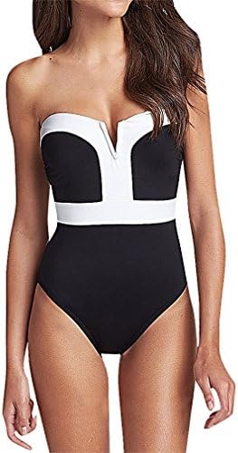 BKNY, Women's One Piece Black White Padded Strapless Front V Cut Monokini, Black S (Manufacturer size M)