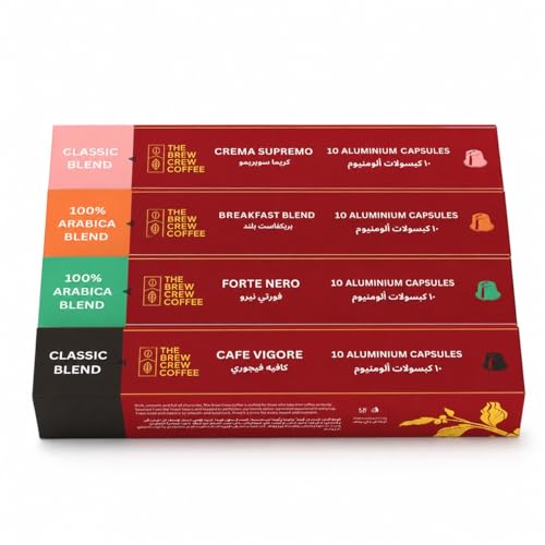 The Brew Crew Coffee Nespresso Compatible Capsules Variety Pack | 40 Count | 4 Signature Flavors: Breakfast Blend, Crema Supremo, Café Vigore & Forte Nero | Rich Bold Flavors with Creamy Finish