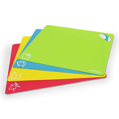 Cooler Kitchen Dishwasher Safe Extra Thick Flexible Plastic Cutting Board Mats with Holes for Hanging and Food Icons & EZ-Grip Waffle Back, (Set of 4) - Thumbnail 3