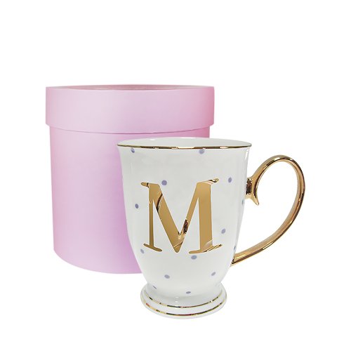 Bombay Duck VIA100M Alphabet Spotty Metallic Mug Letter M Gold with Lilac Spots, Porcelain, White, 13x13x12 cm