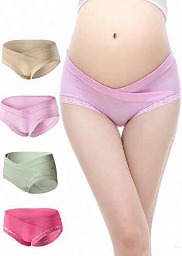 Uniwit 4 Pack Cotton Soft Maternity Pregnant Mother Panties Lingerie Briefs Low-Waist Underwear Underpants, (green/Beige/Red/Rose Red),Label M / US XS