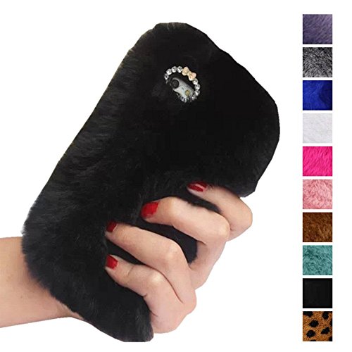 iPhone 7 Plus Case,Inspirationc Luxury Stylish Bling Fluffy Cover Plush Rabbit Hair Fur Cases Decorative Handmade Cover for Apple iPhone 7 Plus 5.5 Inch--Black