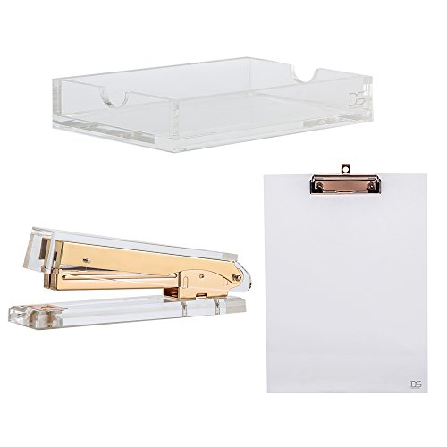Draymond Story Creating Ideal Acrylic Office Products- Golden Color of Stapler and Clipboard, Transparent Note Pad Holder - DS Desk Stationary