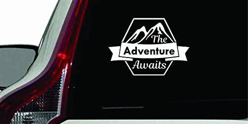 Mountain Banner Logo Adventure Awaits Version 5 Car Vinyl Sticker Decal Bumper Sticker for Auto Cars Trucks Windshield Custom Walls Windows Ipad Macbook Laptop Home and More (White)