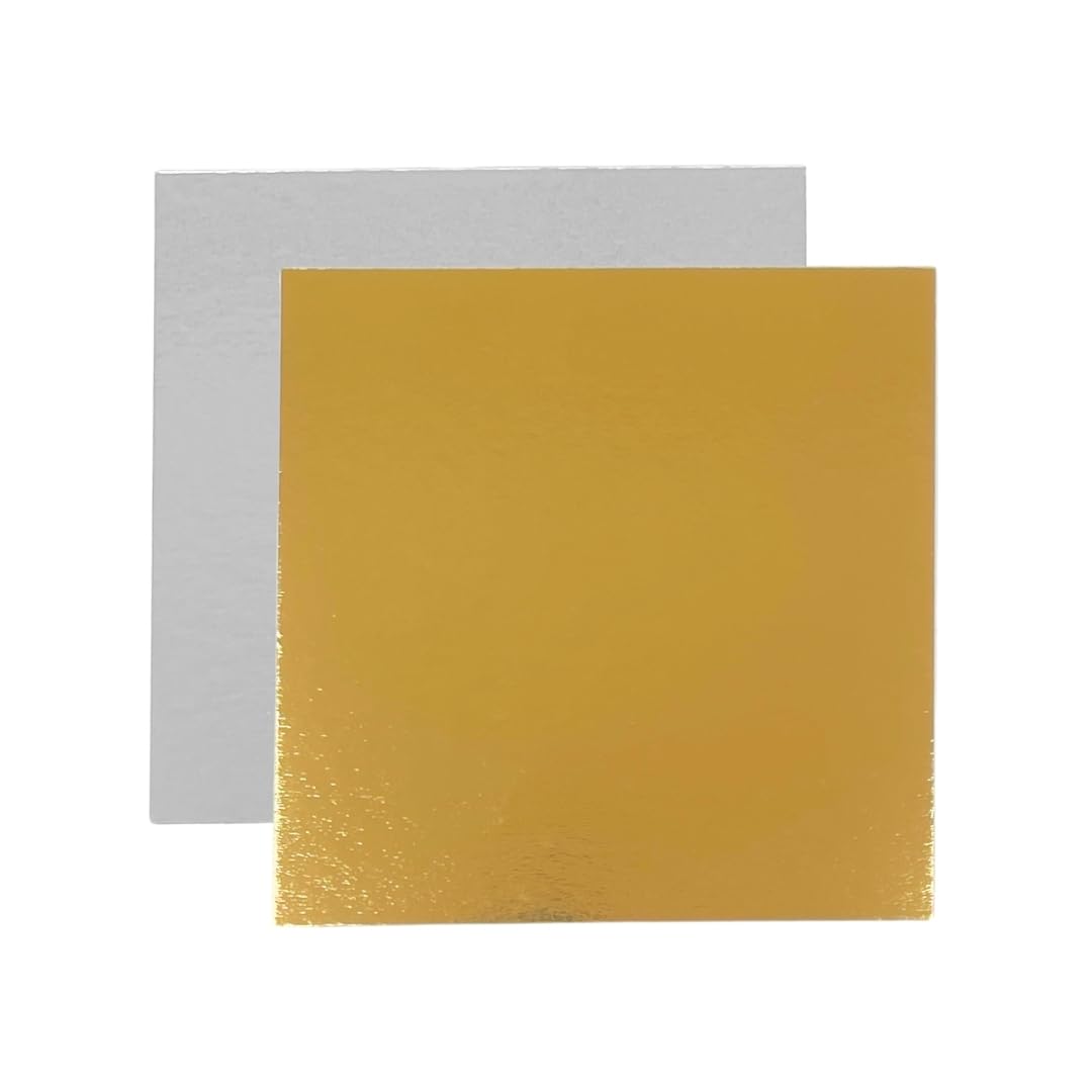 Cake Boards 8" (7.87 x 7,87 inches) - Decorative Square Cardboard Pastry Base - 1 mm Thick - Double Sided Silver and Gold - 10 Pack
