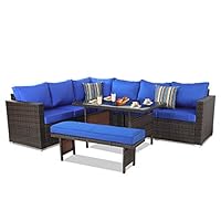 Patio Furniture Sets 5PCS Brown PE Rattan Sofa Set with Royal Blue Cushion Garden Rattan Seating Couch Sectional with Bench Conversation Sofas