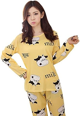 Women Autumn Pajamas Suits Indoor Cartoon Clothing Home Suit Sleepwear Long Sleeve Pyjamas Sets (XL, yellow)