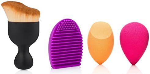 MakeUp Sponge Brush Set. 1 S-shaped Powder Brush,1 MakeUp Brush Washing Cleaning Scrubber Board, 2 Latex-Free Miracle Orange and Pink Use Wet or Dry Sponges (4, black)