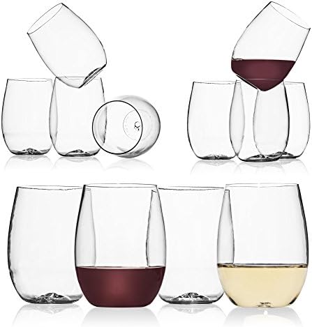Elegant Shatterproof Stemless Plastic Wine Glasses By KitchenReady, 16oz Reusable, Smooth Rims, Unbreakable, Flexible, Durable, Indoor, Outdoor, Boating, RV Camping, Patio &amp; Pool Party (3 Pack, Clear)