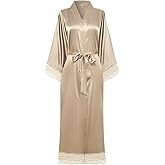 BuyChic Long Kimono Robes Women Satin Sleepwear Silky Lace-trim Robe Plus Size Silk Bathrobe Lightweight Cover Up
