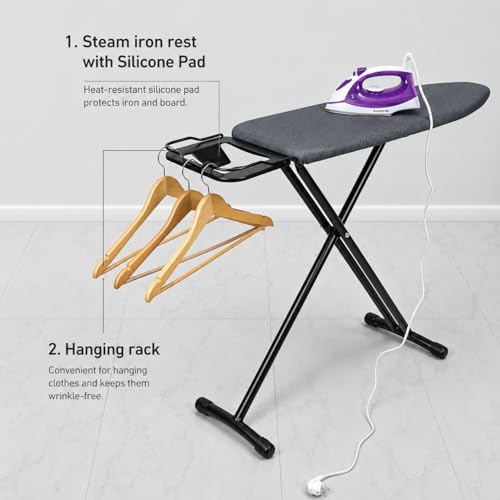 Toshionics Ironing Board with Adjustable Height - Heat Resistant Cover Iron Board with Stean Iron Stand - Non-Slip legs 7 Height Adjustable Options 90cm - Grey