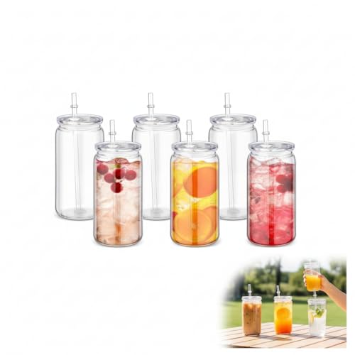 Mason Jars with Lids and Straws, 16oz Clear PC Plastic Drinking Tumblers, 6 Pack Reusable Cups for Iced Coffee Water Juice Milk Wedding Party Kitchen Table top Beverage Drinkware