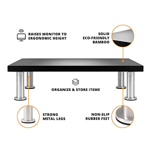 Monitor Stand for Computer & Laptop Screen - Solid Bamboo Riser Supports The Heaviest Monitors, Printers, or TVs - Perfect Shelf Organizer for Office Desk Accessories & TV Stands (Black)