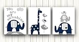 Nursery wall decor Kids Room Decor - UNFRAMED - Baby Nursery Art playroom - Set of three prints - Elephant Giraffe Birds navy blue gray You are my sunshine Quote