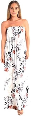 Women Ladies Floral Rose Print Summer Gathered Bandeau Boobtube Sheering Strapless Maxi Dress Plus Size