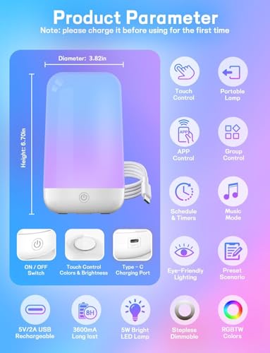 Smart Bedside Touch Table Lamp, App Control & Color Changing, Rechargeable Cordless LED Night Light, 3600mAh Battery, RGB Dimmable for Kids Bedroom, Nursery, Living Room, Desk, Ramadan Decor Gift