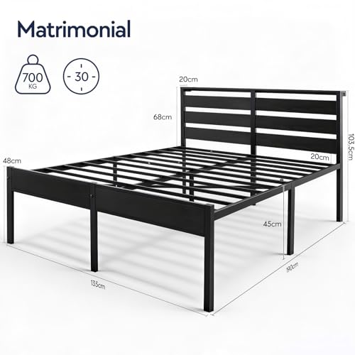 OSLIFE Base Cama Matrimonial Metal,18 Pulgadas/45 cm de Altura,Cabecero con Almacenamiento,Espacio de Almacenamiento Debajo de la Cama, cabecera，Hierro Metálico Camas，con Gran Capacidad de Carga