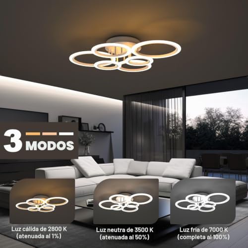 RUYI 72W Living Room Ceiling Lamp, 6 Rings Modern LED Ceiling Light with Remote, 6400LM | 2800-7000K, brillo 5-100% ajustable, memoria ligera, CRI 90+, para salón/dormitorio/cocina/sala de estar/pasillo/comedor
