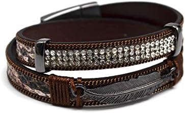 bc1410e – Ethnic Bracelet with Brown Python Motif, Rhinestone Chain and Feather Charm