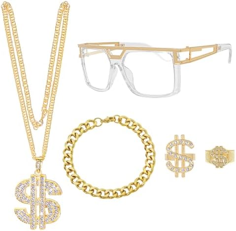 Disfraz Rapero Kit De 4 Accesorios De Hip Hop KINBOM - Cadena, Pulsera, Collar Y Anillo Con Signo De Dólar, Dorado, Disfraz Años 80-90 Rapero