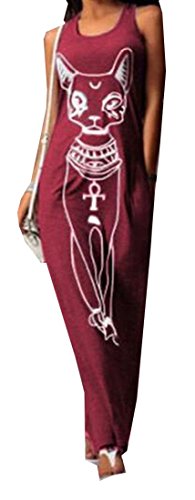 MLG Womens Cartoon Cat Printed Sleevelss Maxi Dress Aspicture US XXS